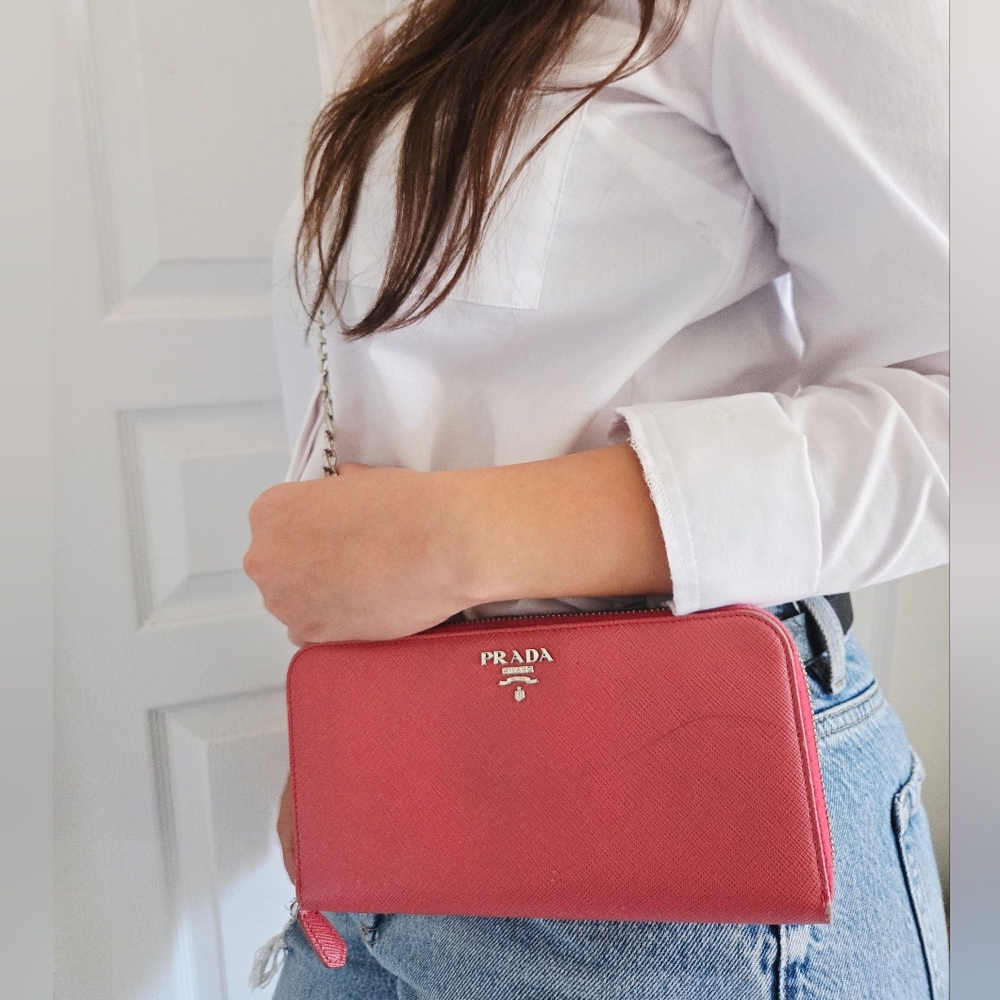 Authentic PRADA Full Zip Around Long Wallet Woc Clutch Crossbody Pink Leather